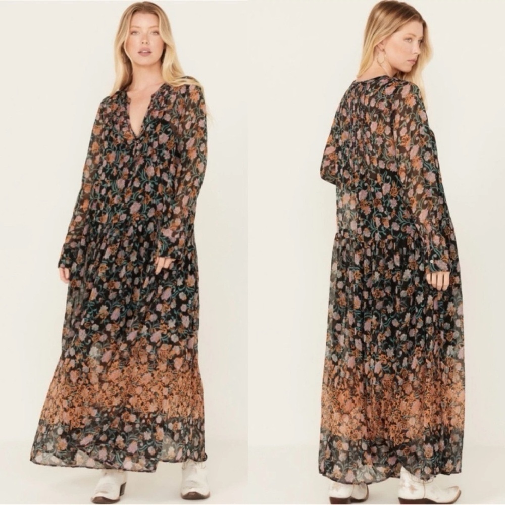FREE PEOPLE See It Through Long Sleeve Maxi DRESS Floral Black Combo NWT - Picture 2 of 15